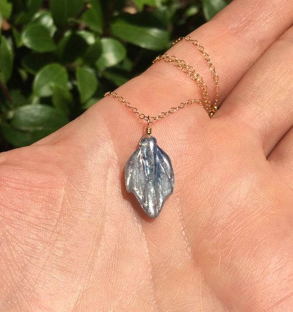 Leaf Necklace, blue kyanite necklace, hippie crystal pendant, chakra necklace, dainty 14k gold filled chain