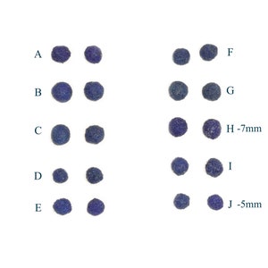 May include: Ten rows of small, round, blue beads. Each row has two beads. The beads are labeled with letters A through J. The beads in rows H and J have measurements of 7mm and 5mm, respectively.