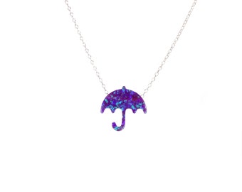 Purple Opal Umbrella Necklace: Sterling Silver Chain, Rain Jewelry