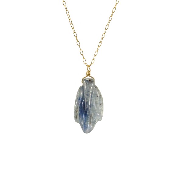 Kyanite necklace, blue kyanite leaf pendant, crystal leaf, healing crystal necklace, a kyanite leaf wire wrapped onto 14k gold filled chain