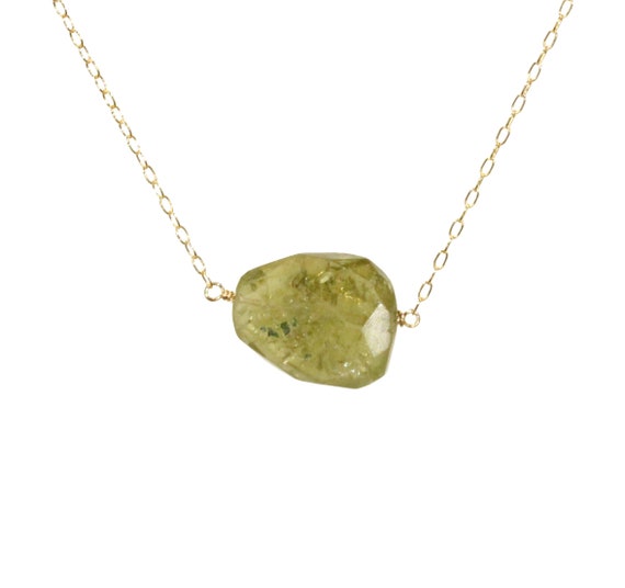 Green crystal necklace, healing crystal jewelry, Vesuvianite necklace, Idocrase pendant, geometric necklace, 14k gold filled chain