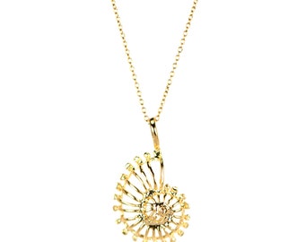 Ammonite Necklace, Gold Spiral Shell Infinity Pendant, 14k Gold Filled Chain