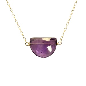 Purple amethyst necklace, semi circle necklace, February birthstone, crystal pendant, crown chakra, dainty 14k gold filled chain