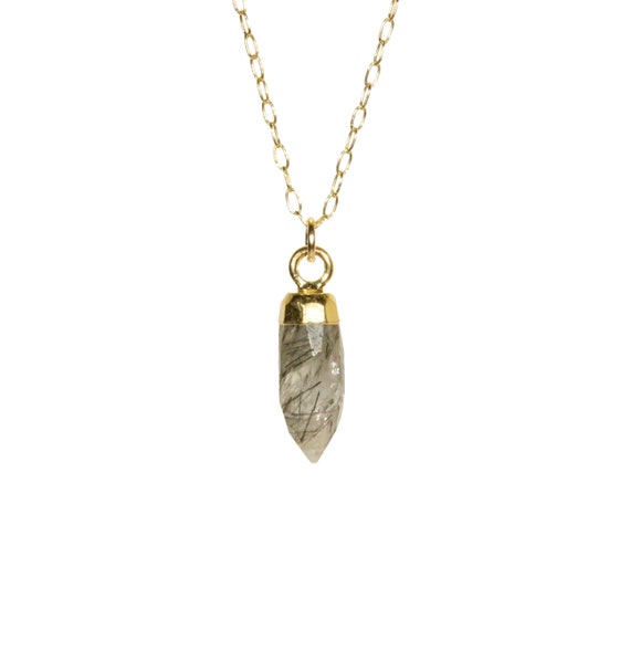 Rutilated quartz necklace, quartz spike necklace, black crystal necklace, a gold topped tourmaline quartz on a 14k gold filled chain