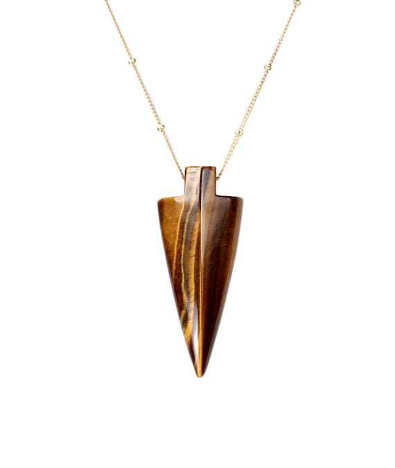 Arrowhead necklace, tigers eye necklace, long spear necklace, bohemian necklace, a cats eye arrowhead on a 14k gold filled satellite chain
