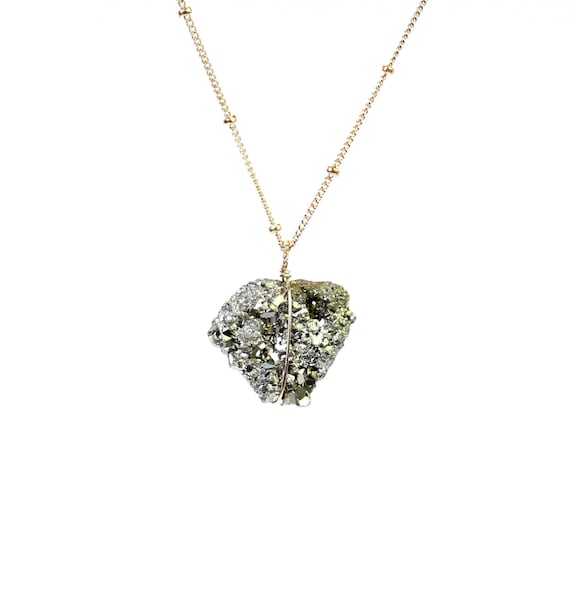 Pyrite necklace, fools gold necklace, raw mineral necklace, wire wrapped crystal, a raw pyrite on a 14k gold filled satellite chain