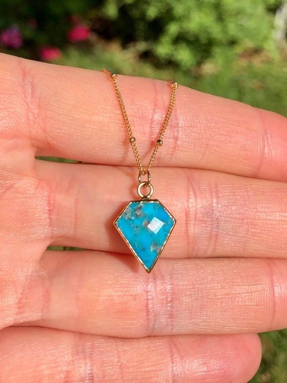 Turquoise pendant necklace, diamond shape pendant, spike necklace, green gemstone necklace, December birthstone, turquoise point