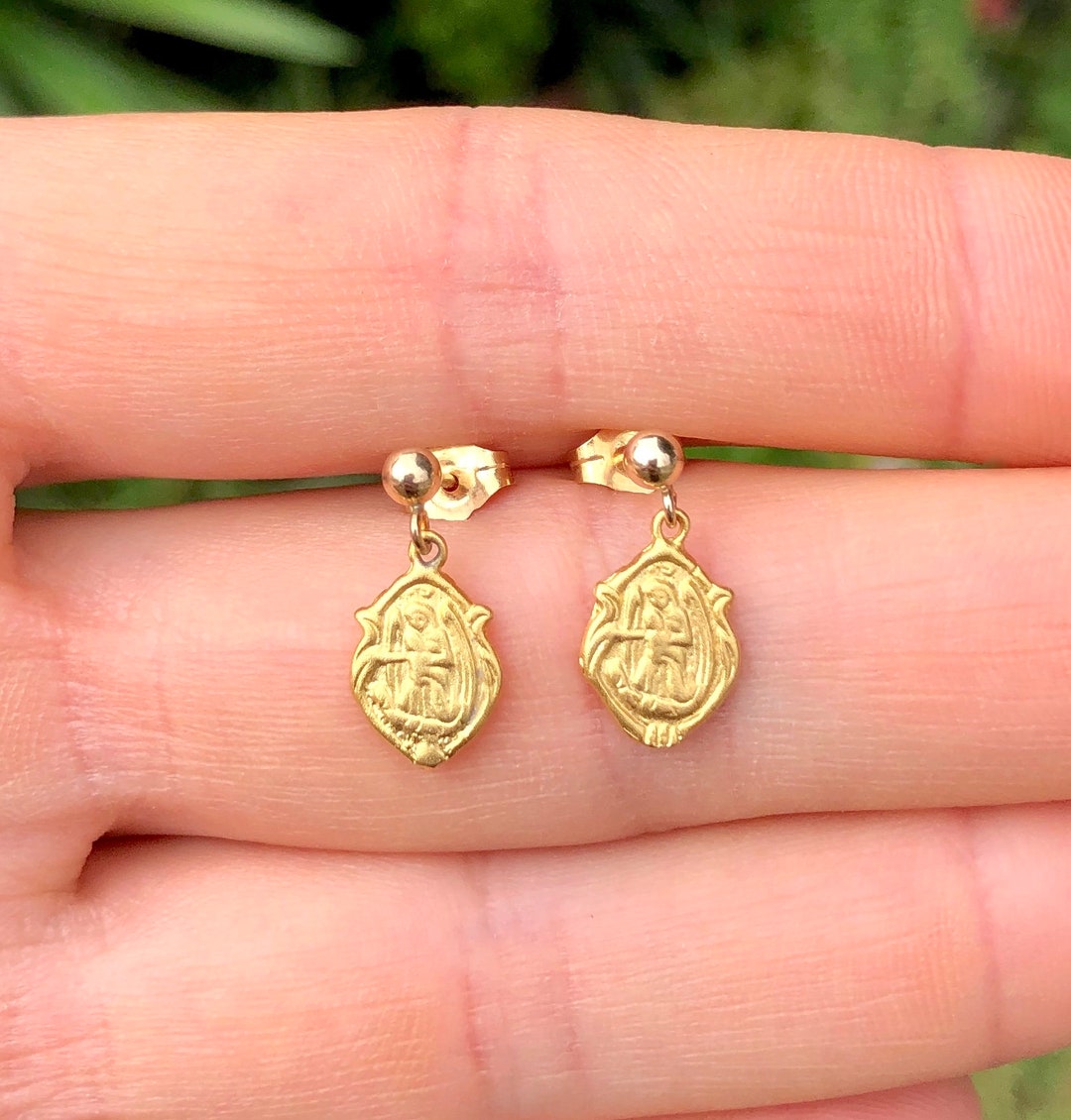 Virgin Mary Earrings, Religious Earrings, Gold Stud Saint Mary, Mother