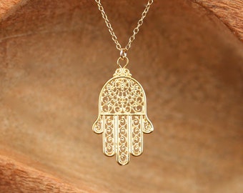 Hamsa-Halskette – goldener Hamsa-Anhänger – Hand Gottes – Amulett-Halskette – 14-karätige Goldkette