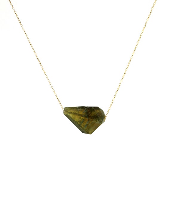 Crystal necklace, Vesuvianite necklace, geometric stone, green gemstone necklace, a faceted green idocrase on a 14k gold vermeil chain