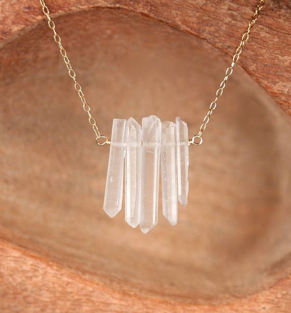 Crystal bar necklace - quartz necklace - raw crystal necklace - a row of raw quartz wands wire wrapped onto a 14k gold vermeil chain