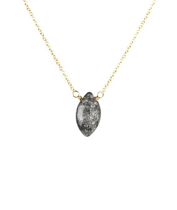 Tourmalated quartz necklace, black rutilated crystal, a faceted marquis black tourmaline quartz wire wrapped onto a 14k gold filled chain