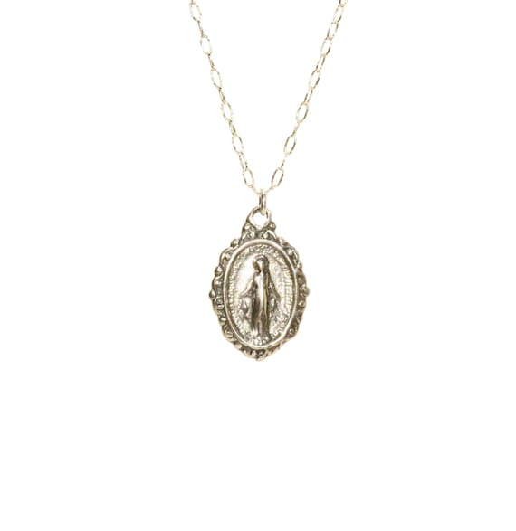 Virgin Mary medallion necklace, miraculous medal necklace, catholic, protection, a sterling silver mother of god on a sterling silver chain