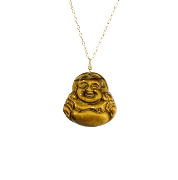 Buddha necklace, laughing buddha pendant, tigers eye necklace, stone buddha, meditation necklace, 14k gold filled, healing stone necklace