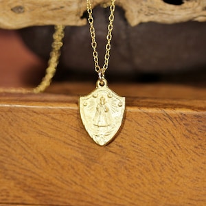 Virgin Mary necklace, religious necklace, catholic necklace, medallion necklace, crest necklace, mother Mary pendant, communion necklace