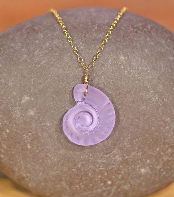 Ammonite necklace, sea glass jewelry, nautical jewelry, spiral shell, lavender purple pendant necklace, infinity necklace, glass pendant