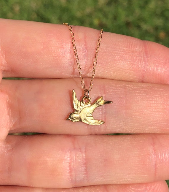 Sparrow necklace, little bird necklace in gold, swallow necklace, flying bird jewelry, a gold vermeil sparrow on a 14K gold vermeil chain