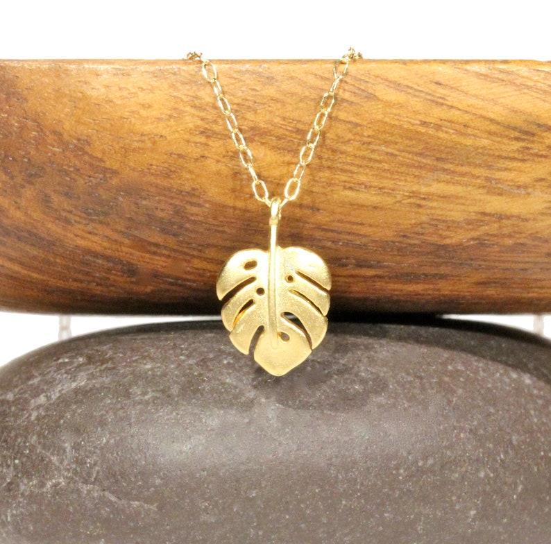 Peut inclure: Un collier en or avec un pendentif d&eacute;licat en forme de feuille de monstera d&eacute;coup&eacute;e. Le collier est pr&eacute;sent&eacute; sur une surface en bois et une pierre.