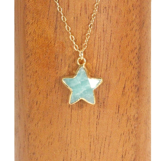 Star necklace, green amazonite necklace, green star pendant, green crystal star, august birthstone, 14k gold filled chain