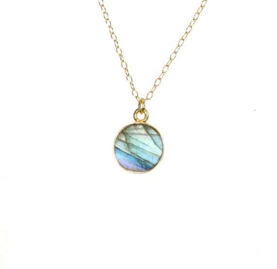 Labradorite necklace, blue crystal necklace, moonstone necklace, circle necklace, dainty gold chain, blue flash, 14k gold filled chain