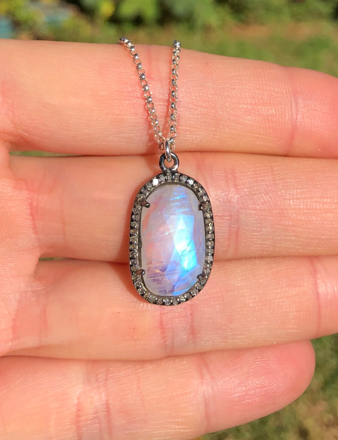 Rainbow Moonstone and Pavé Diamond Necklace: June and April