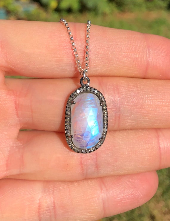 Diamond and moonstone necklace, rainbow moonstone pendant, pave diamond necklace, june birthstone, april birthstone