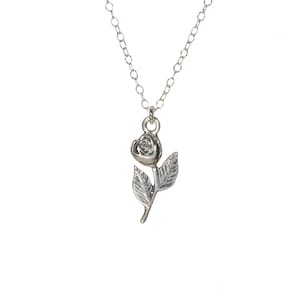 Rose necklace, sterling silver rose stem pendant, flower necklace, floral jewelry, dainty silver chain