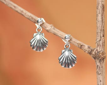 Silver shell earrings, tiny shell stud earrings, beach wedding jewelry, gold shell earrings, silver stud earrings, ocean earrings