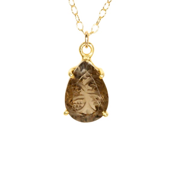 Smokey quartz necklace, healing crystal necklace, earth tone gemstone pendant, engraved crystal, teardrop necklace, 14k gold filled chain