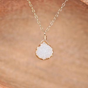 Sparkly Druzy Necklace: Dainty 14k Gold Filled Chain, Snowy White Stone