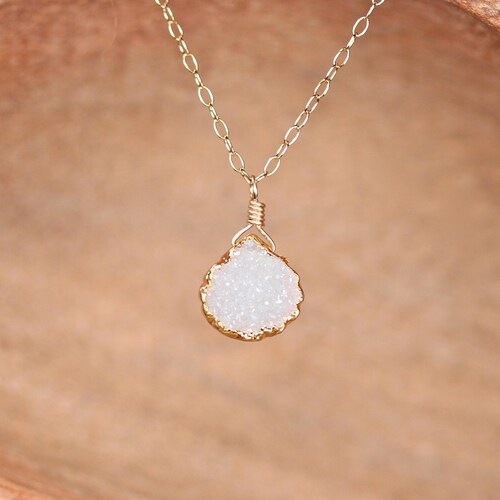Sparkly Druzy Necklace: Dainty 14k Gold Filled Chain, Snowy White Stone