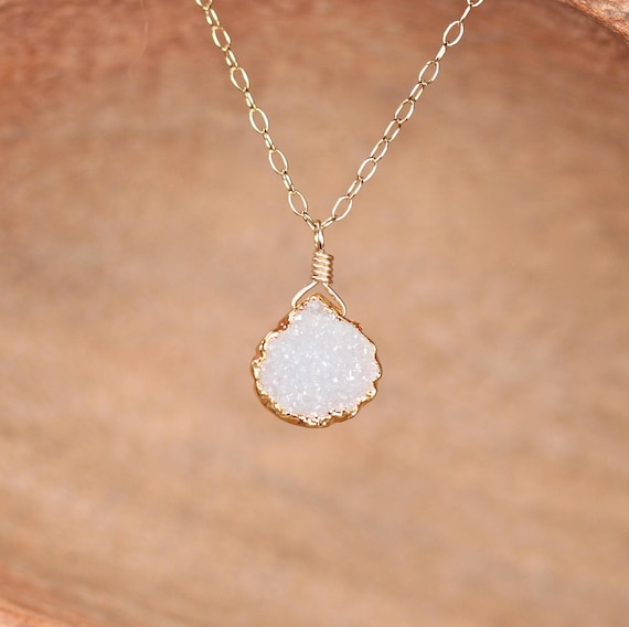 Raw crystal necklace, sparkly necklace, snow white druzy necklace, gold drop necklace, dainty gold filled necklace, healing crystal