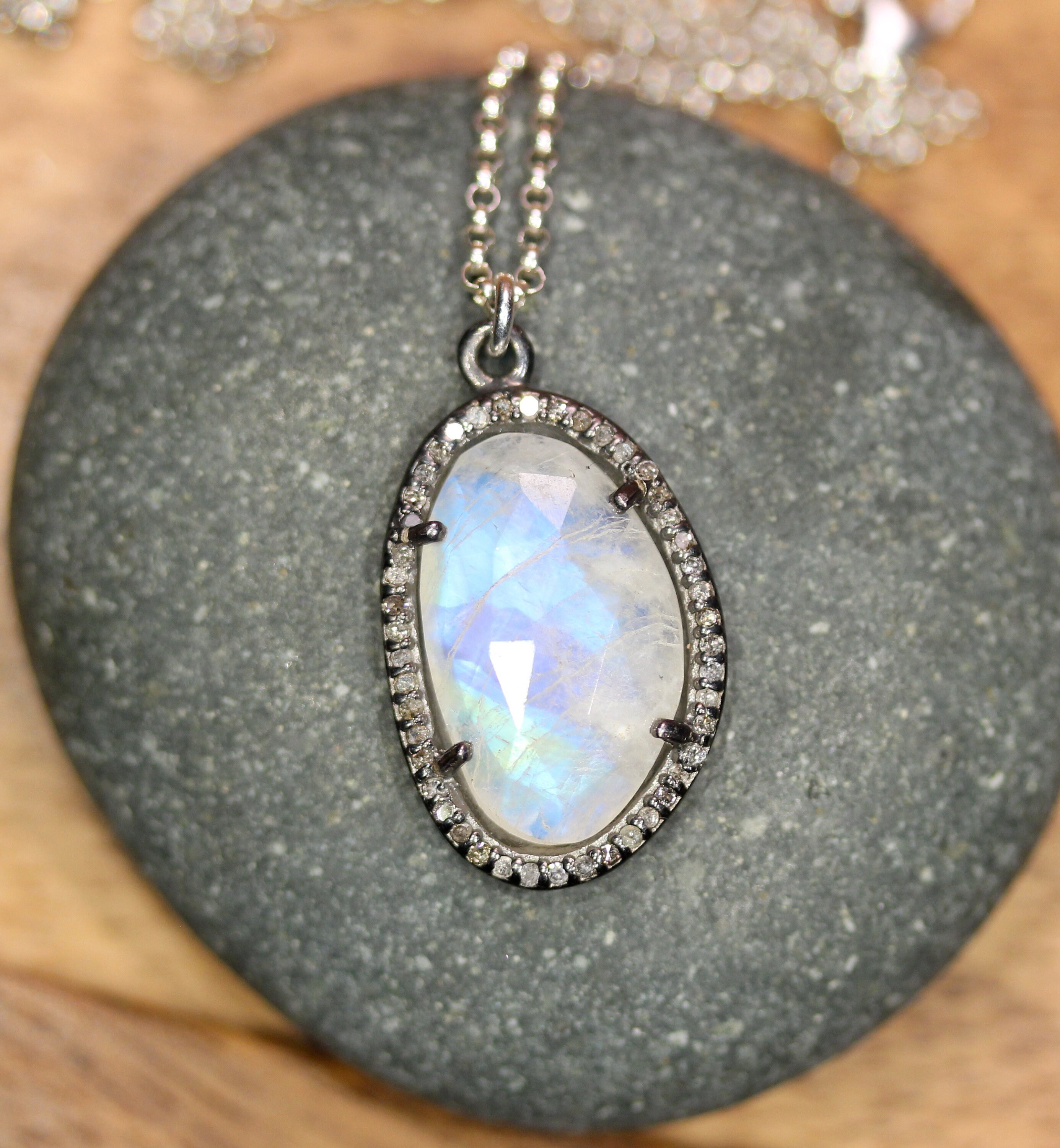 Moonstone and diamond necklace, pave diamond pendant necklace, rainbow moonstone necklace