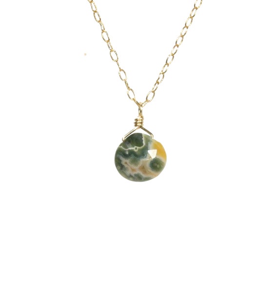 Jasper necklace, ocean jasper pendant, green stone necklace, healing necklace, boho jewelry, 14k gold filled chain, sterling silver chain