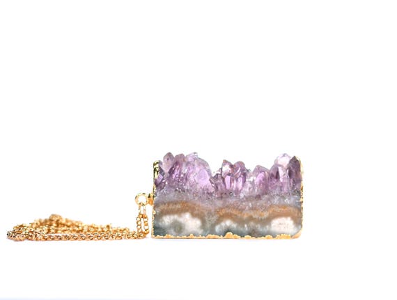 Amethyst slice necklace, gold lined raw amethyst, February birthstone pendant, statement necklace, 14k gold filled chain