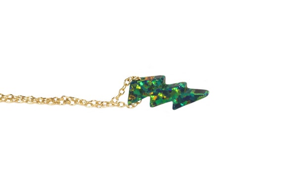 Lightning bolt necklace, green opal lightning bolt jewelry, thunderbolt pendant, fire opal necklace, rainy days necklace, dainty gold chain