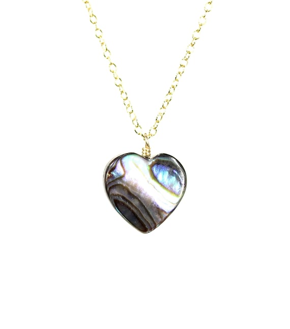 Abalone heart necklace, sea shell love necklace, rainbow shell pendant, dainty 14k gold filled chain, gift for her