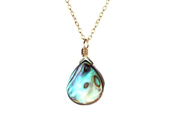 Abalone necklace - shell necklace - teardrop - everyday - a wire wrapped abalone shell on a 14k gold filled or sterling silver chain