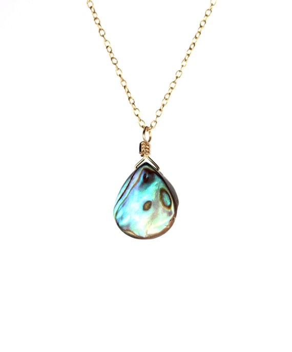 Abalone necklace - shell necklace - teardrop - everyday - a wire wrapped abalone shell on a 14k gold filled or sterling silver chain