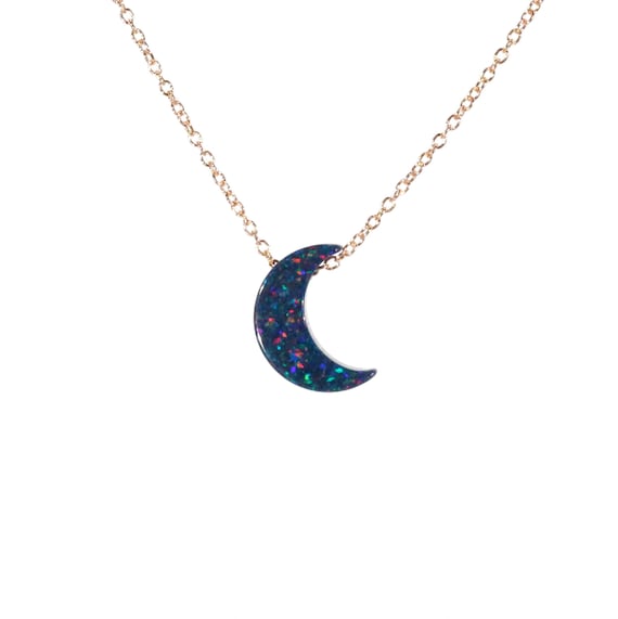 Moon necklace, black opal moon necklace, crescent moon chain, fire opal, half moon on a 14k rose gold filled chain