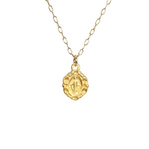 Virgin Mary necklace, religious necklace, catholic necklace, amulet, a tiny gold Virgin Mary medallion on a 14k gold filled chain
