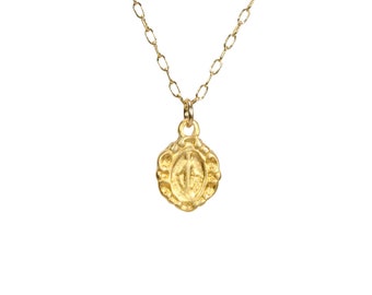 Virgin Mary necklace, religious necklace, catholic necklace, amulet, a tiny gold Virgin Mary medallion on a 14k gold filled chain