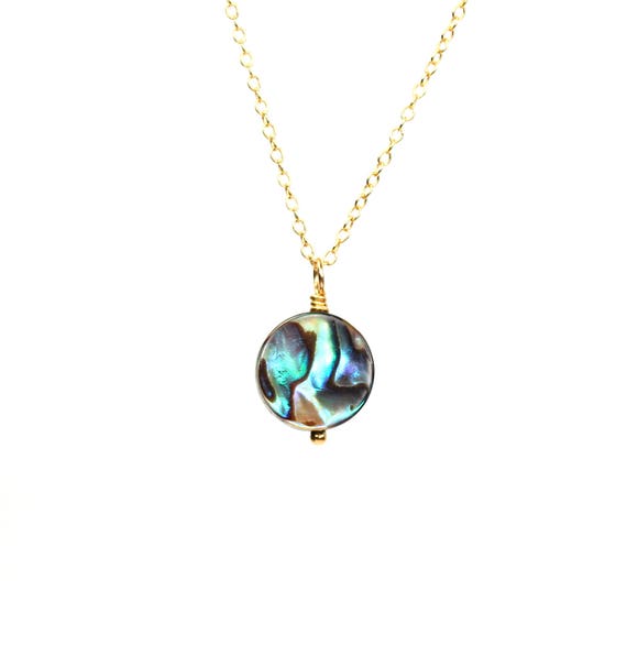 Abalone necklace, circle pendant necklace, rainbow sea shell, dainty 14k gold filled chain