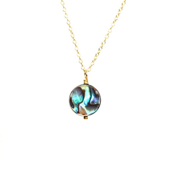 Abalone necklace, simple necklace, disc necklace, rainbow shell pendant, circle necklace, rainbow shine necklace, 14k gold filled chain