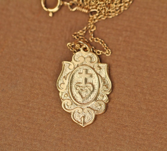 Sacred heart necklace - religous necklace - virgin mary - cross necklace - a 14k gold vermeil catholic crest on a 14k gold filled chain