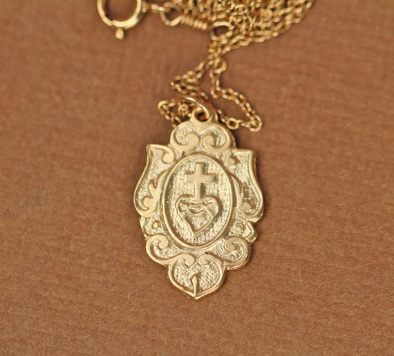 Sacred heart necklace - religous necklace - virgin mary - cross necklace - a 14k gold vermeil catholic crest on a 14k gold filled chain