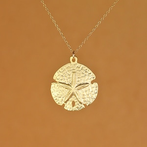 Sand dollar necklace - sea star - beach necklace - starfish necklace - a gold vermeil sand dollar hanging from a 14k gold filled chain