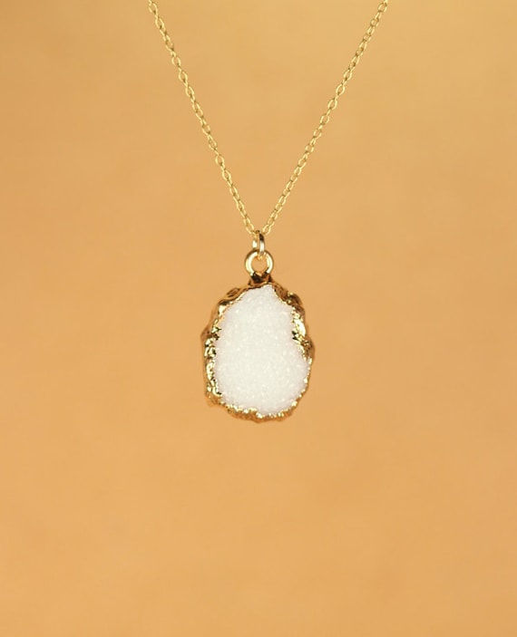 Druzy necklace - raw crystal necklace - silver druzy necklace - quartz necklace - a gold lined snowy white druzy on a 14k gold vermeil chain
