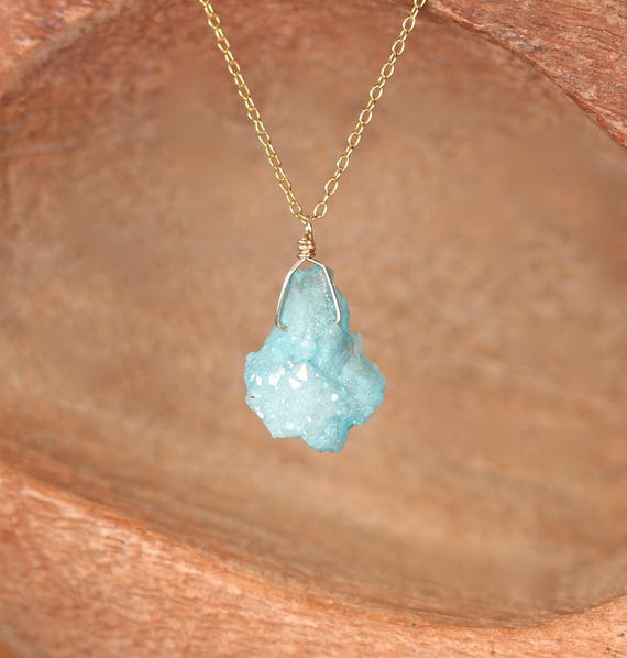 Raw crystal necklace, blue druzy necklace, aqua crystal pendant, boho necklace, sky blue druzy, sparkly crystal, wire wrapped crystal