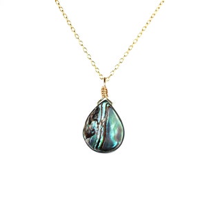 Abalone necklace, shell necklace, teardrop pendant, everyday necklace, a wire wrapped abalone shell on a 14k gold filled chain - 206